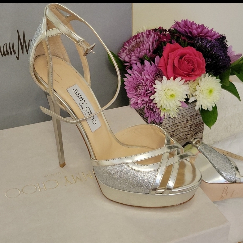 JIMMY CHOO Silver Leather Glitter Sandal - Brand New